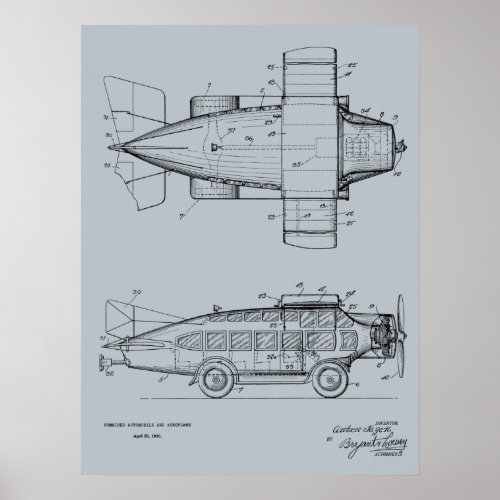 1930 Flying Car Airplane Patent Art Drawing Print