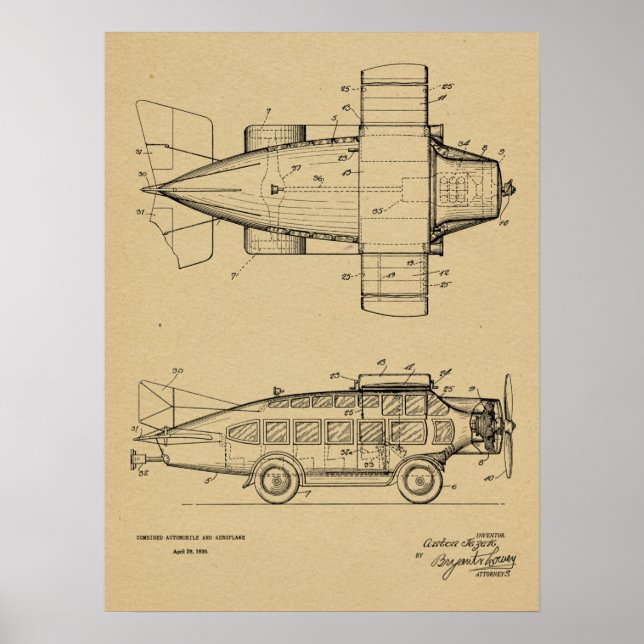 1930 Flying Car Airplane Patent Art Drawing Print (Front)