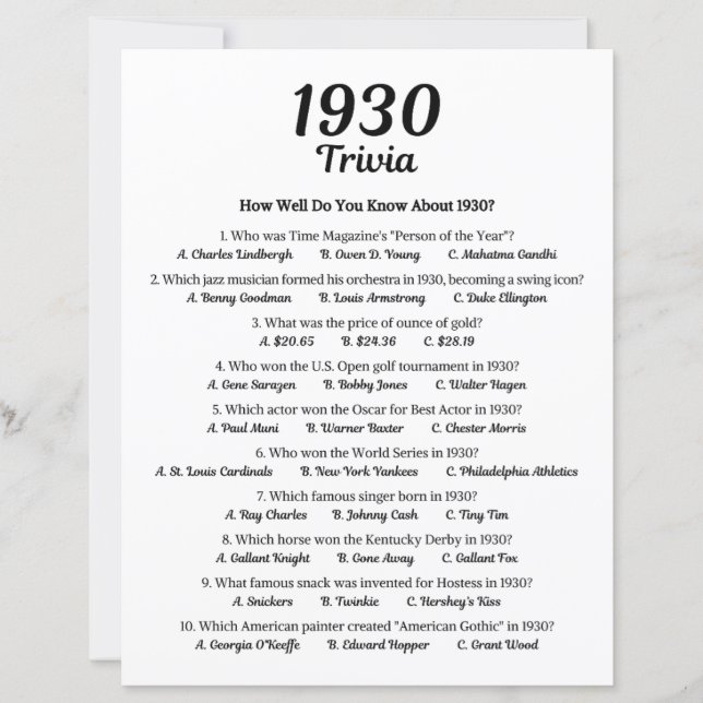 1930 Trivia Game | 95th Birthday Party Game (Front)