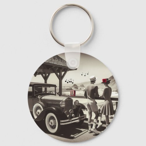 1930 Vintage Car Couple Black White Paper Napkins Keychain