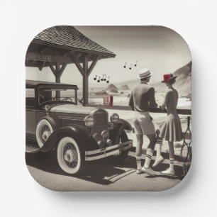 1930 Vintage Car Couple Black White Paper Napkins Paper Plates