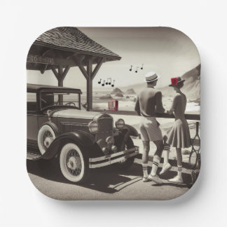 1930 Vintage Car Couple Black White Paper Napkins Plates