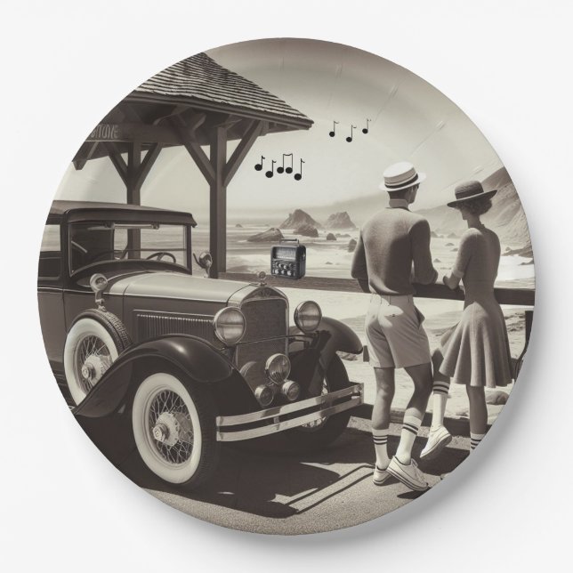 1930 Vintage Car Scene Paper Napkins Paper Plates (Front)