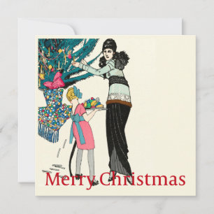 1930 Vintage Woman Decorating Christmas Tree Card