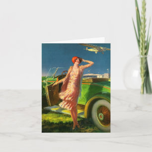1930 woman car and airplane note card