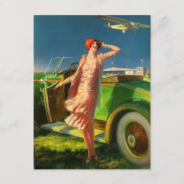 1930 woman car and airplane postcard (Front)