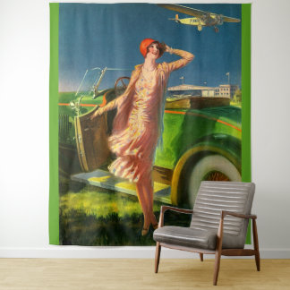 1930 woman car and airplane print tapestry