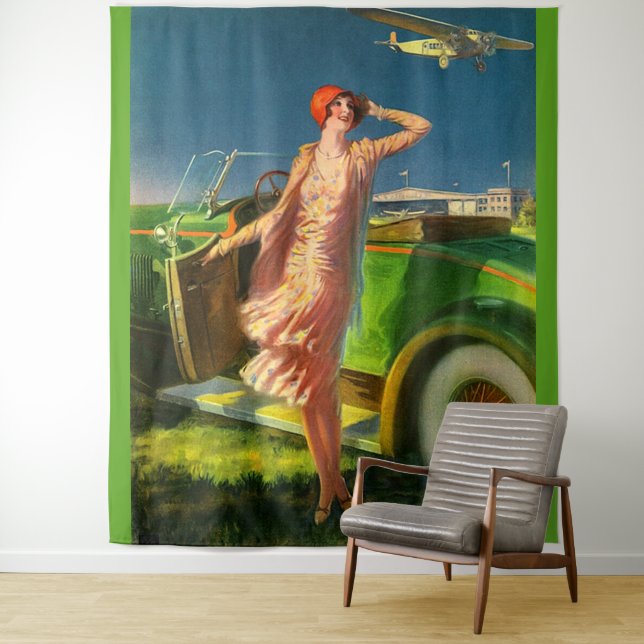 1930 woman car and airplane print tapestry (In Situ)