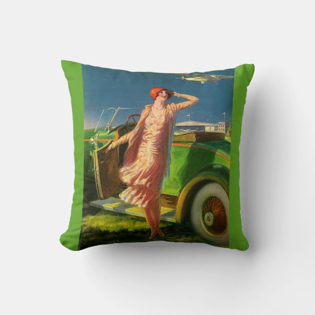 1930 woman car and airplane throw pillow (Front)