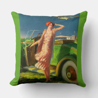 1930 woman car and airplane throw pillow