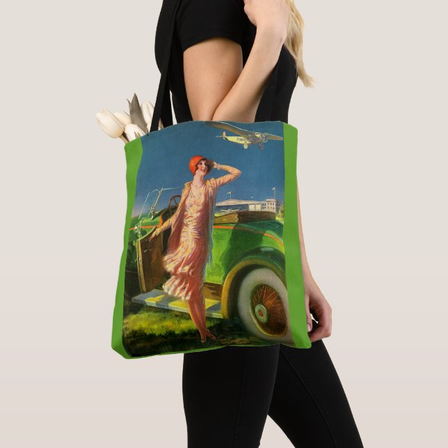 1930 woman car and airplane tote bag (Close Up)
