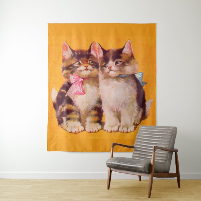 1930s adorable floofy kittens print tapestry (In Situ)