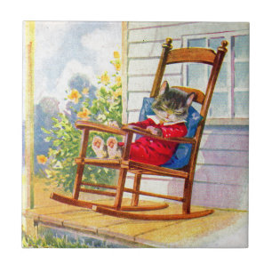 1930s adorable kitten napping on porch rocker ceramic tile
