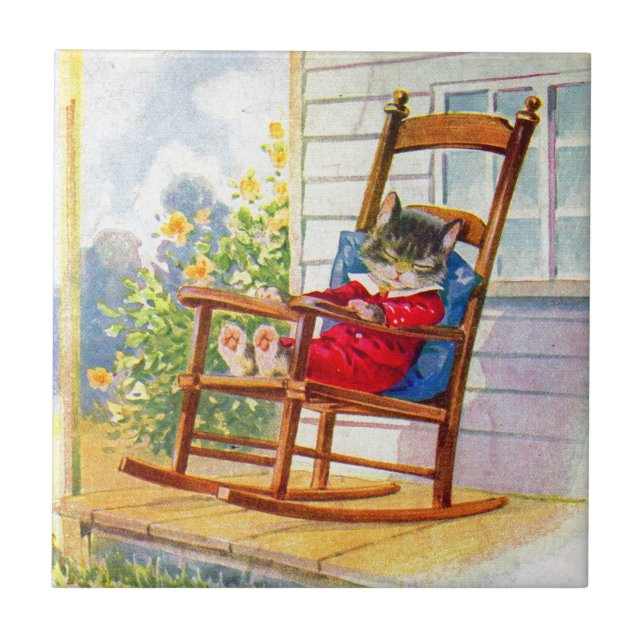 1930s adorable kitten napping on porch rocker ceramic tile (Front)