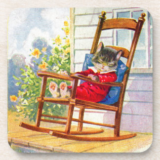 1930s adorable kitten napping on porch rocker drink coaster