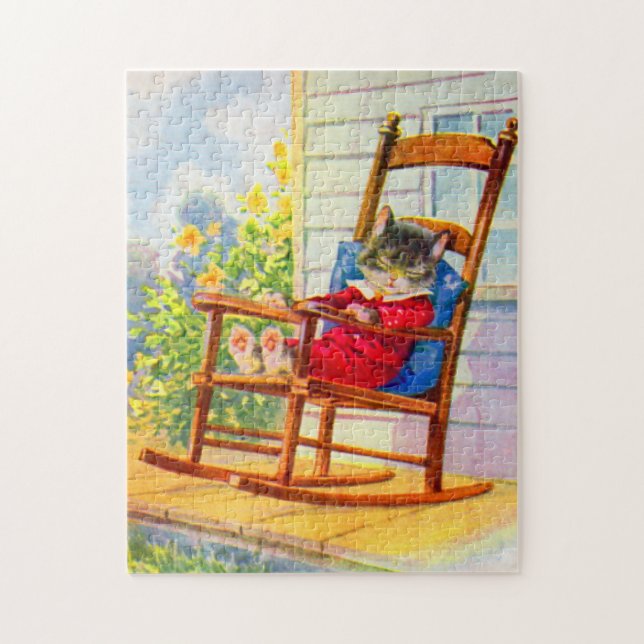 1930s adorable kitten napping on porch rocker jigsaw puzzle (Vertical)