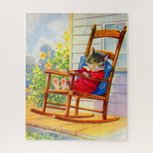 1930s adorable kitten napping on porch rocker jigsaw puzzle (Vertical)