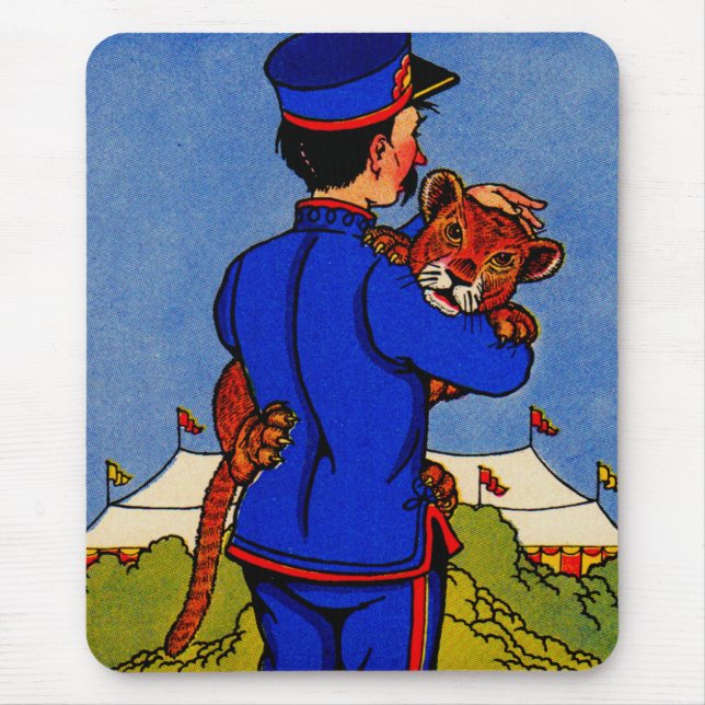 1930s adorable leopard cub carried by zookeeper mouse pad (Front)