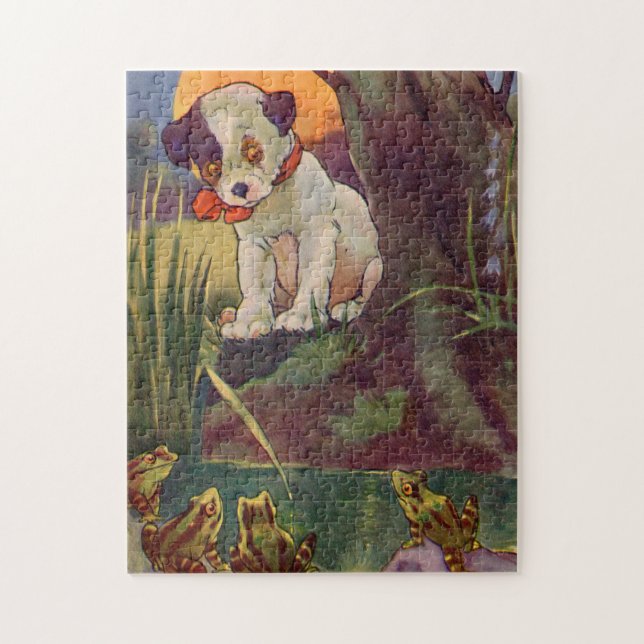 1930s adorable puppy and bullfrogs jigsaw puzzle (Vertical)