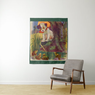 1930s adorable puppy and bullfrogs tapestry