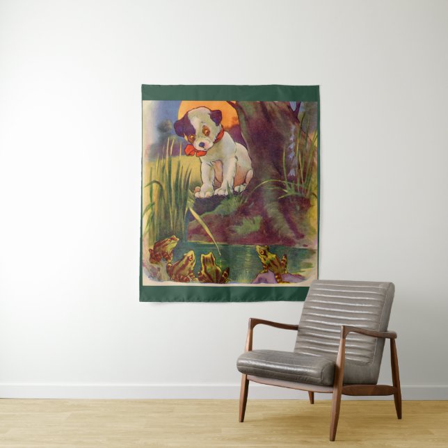 1930s adorable puppy and bullfrogs tapestry (In Situ)