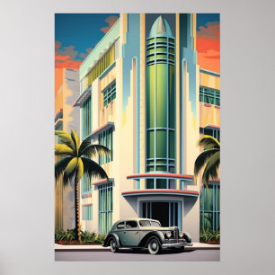 1930s art deco building entrance airbrush art poster