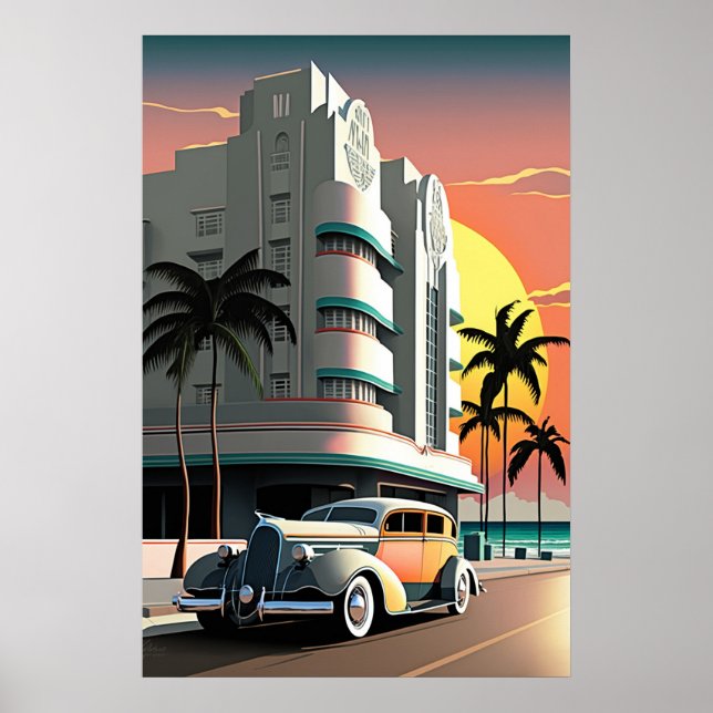 1930s Art Deco Miami Beach Ocean Drive sunset Poster (Front)