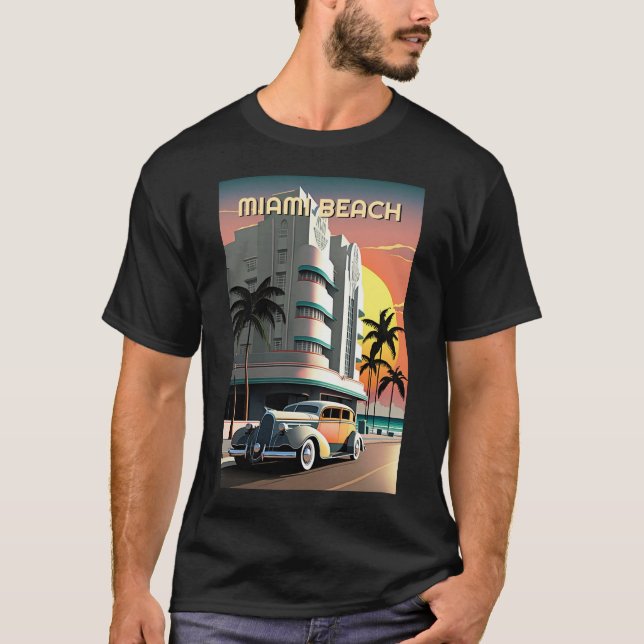 1930s Art Deco Miami Beach Ocean Drive Sunset T-Shirt (Front)