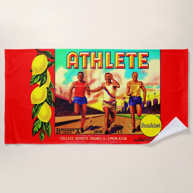 1930s Athlete fruit crate label Beach Towel (Front)