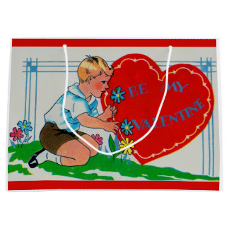 1930s boy picking flowers Be My Valentine Large Gift Bag