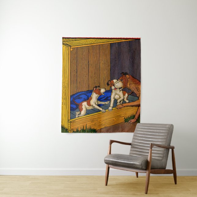 1930s children's book art puppies and Mama Tapestry (In Situ)