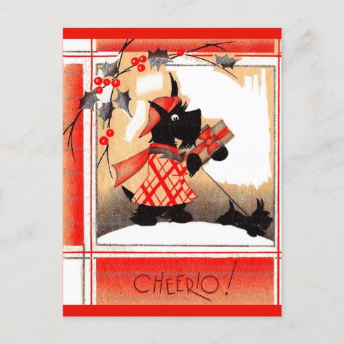 1930s Christmas Scottie dog says Cheerio Holiday Postcard