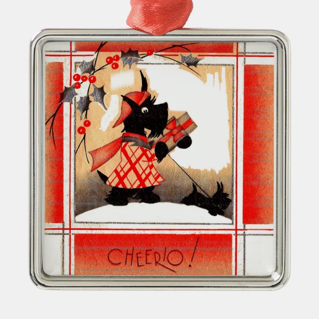 1930s Christmas Scottie dog says ‘Cheerio’ Metal Ornament (Front)