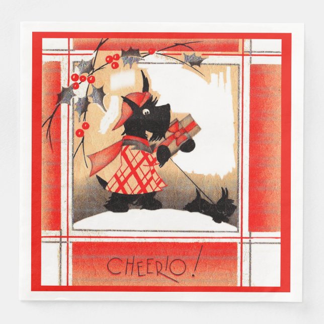  1930s Christmas Scottie dog says ‘Cheerio’ Paper Dinner Napkins (Front)