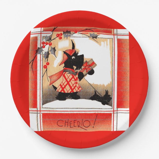  1930s Christmas Scottie dog says ‘Cheerio’ Paper Plates (Front)