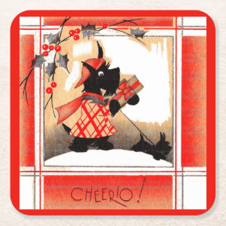  1930s Christmas Scottie dog says ‘Cheerio’ Square Paper Coaster