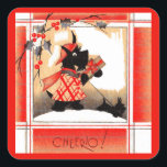 1930s Christmas Scottie dog says ‘Cheerio’ Square Sticker<br><div class="desc">An adorable image from the mid-1930s. I have a huge collection of these old cards featuring black Scottie dogs, which were hugely popular in the 1930s, inspired by FDR’s black Scottish terrier, Fala. This is just one of many which will look charming and festive on all kinds of Christmas decor...</div>