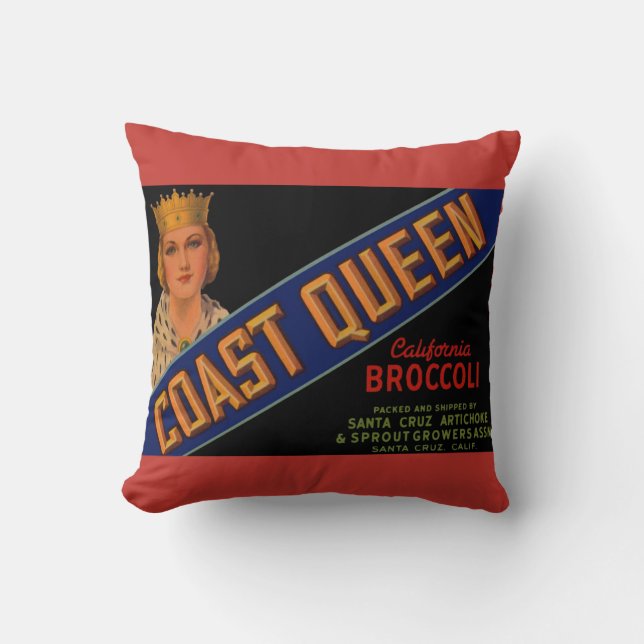  1930s Coast Queen broccoli crate label Throw Pillow (Front)