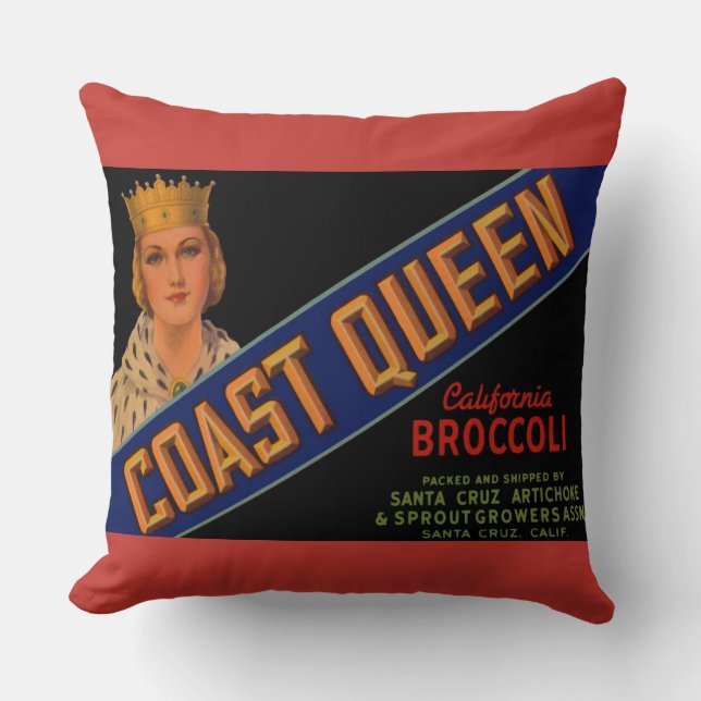 1930s Coast Queen broccoli crate label Throw Pillow (Front)