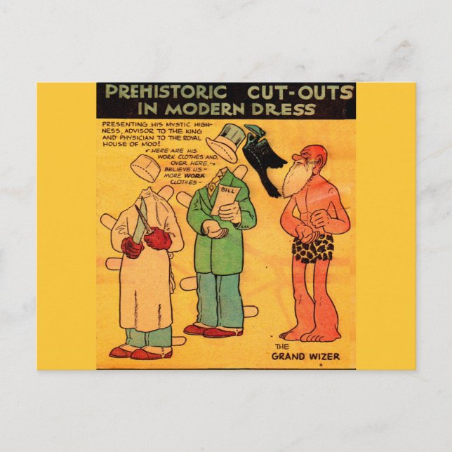 1930s comics paper doll cave man Grand Wizer Postcard (Front)