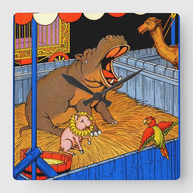 1930s crying hippopotamus and friends square wall clock (Front)