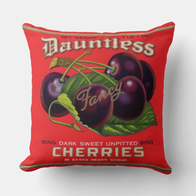 1930s Dauntless Cherries in Heavy Syrup can label Throw Pillow (Front)