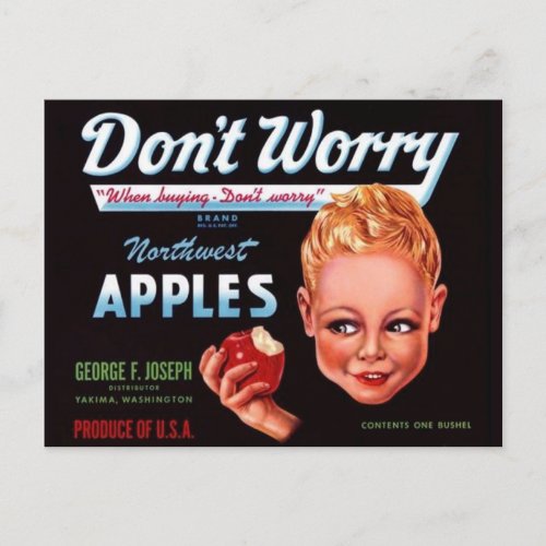 1930s Dont Worry brand apples fruit crate label Postcard