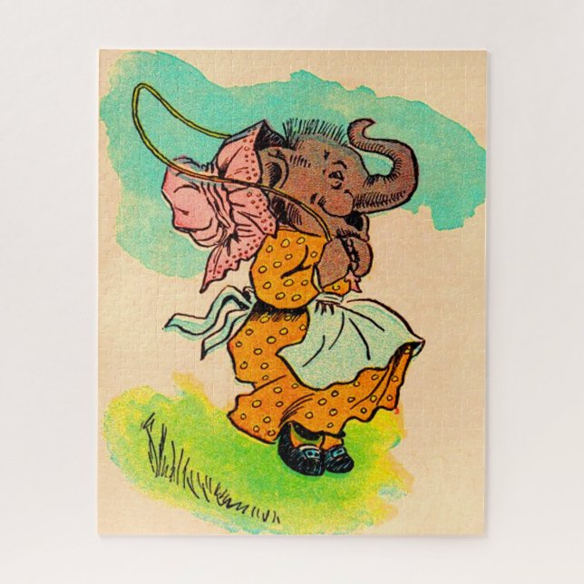 1930s dressed elephant playing jump rope jigsaw puzzle (Vertical)