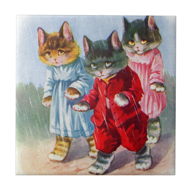 1930s dressed kittens in the rain ceramic tile (Front)