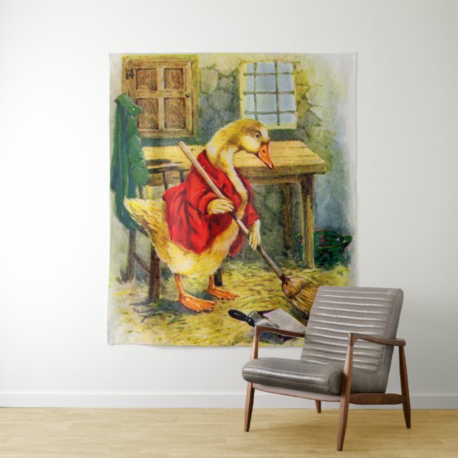1930s duck sweeping the floor print tapestry (In Situ)