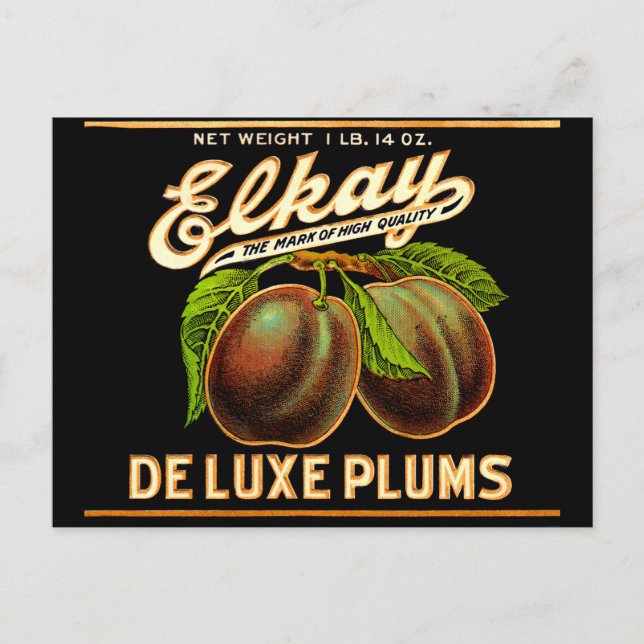 1930s Elkay Deluxe Plums label Postcard (Front)