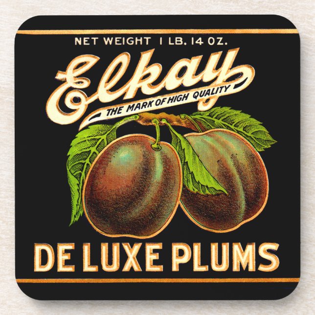 1930s Elkay Deluxe Plums label print Beverage Coaster (Front)