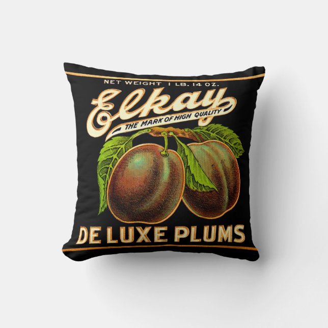 1930s Elkay Deluxe Plums label print Throw Pillow (Front)