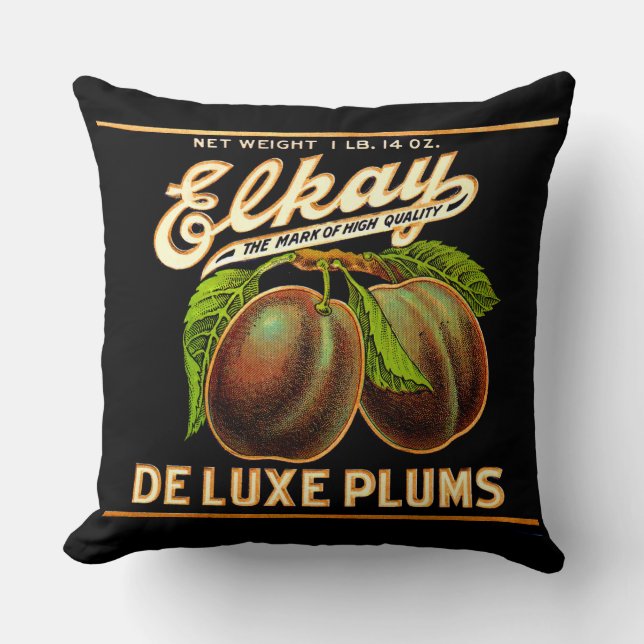 1930s Elkay Deluxe Plums label print Throw Pillow (Front)